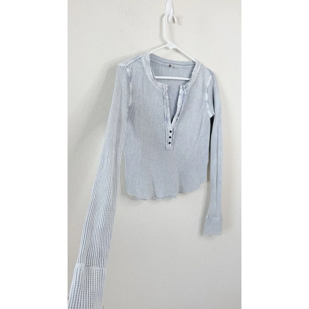 Free People FP One Colt Waffle Knit Thermal Henley Top Sz M Blue Waffle Knit
